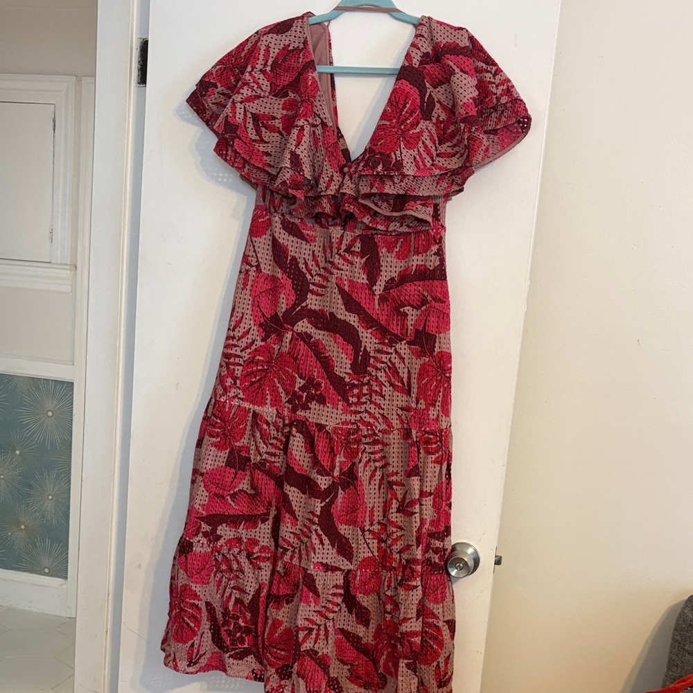 Johanna Ortiz x H&M Floral Eyelet Midi Dress with Ruffle V-Neckline. Size L.